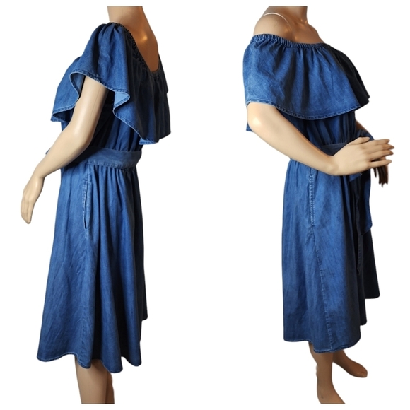 Lane Bryant On/Off Shoulder Blue Chambray Belted Dress Side Pockets Sz 14/16 1X - Picture 9 of 14